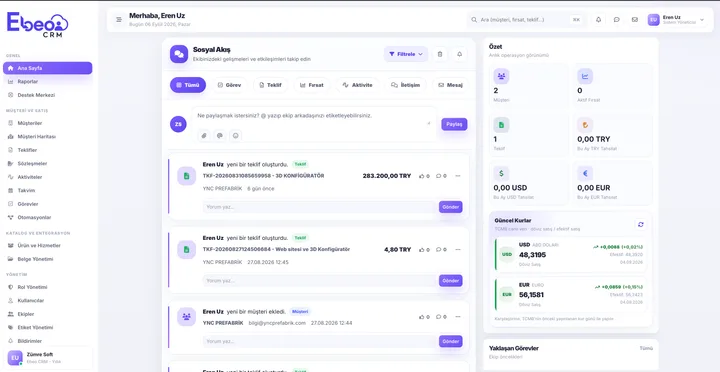 Ebeo CRM müşteri ve satış paneli; sosyal akış, teklifler ve ekip görevleri